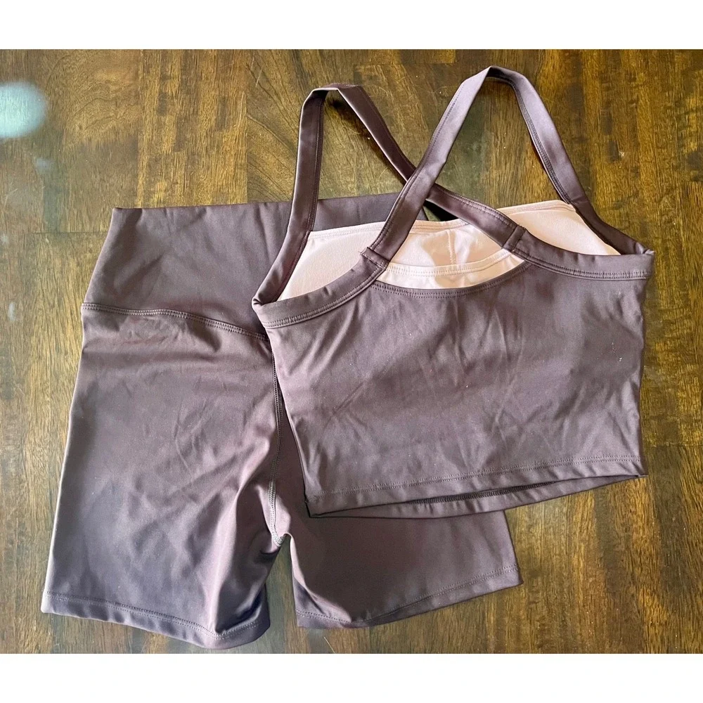 Activewear Set Cropped Cross Back Tank and High Waisted Biker Shorts Plum Small
